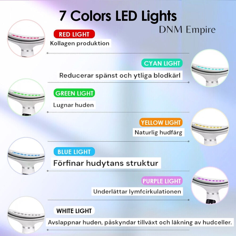 EMS mikroströms skönhetsapparat för ansikte, hals och axlar
En effektiv hudvårdsapparat som kombinerar EMS-mikroström med 7 olika LED-ljuseffekter för att vårda och förbättra hudens utseende. Den är utrustad med vib